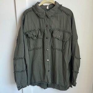 Rock & Roll Olive Green Frayed Button-Up Shirt